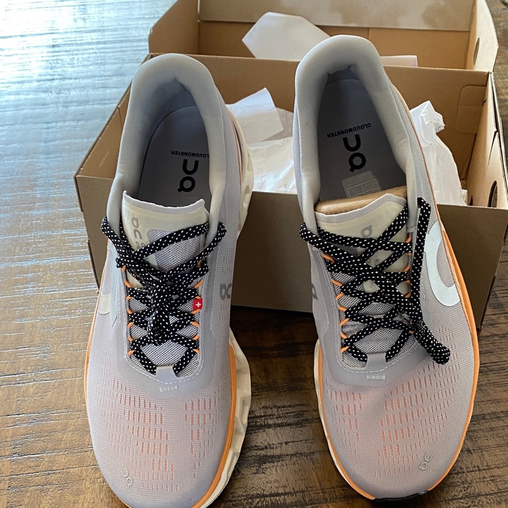On Running Shoes in Light Gray and Orange